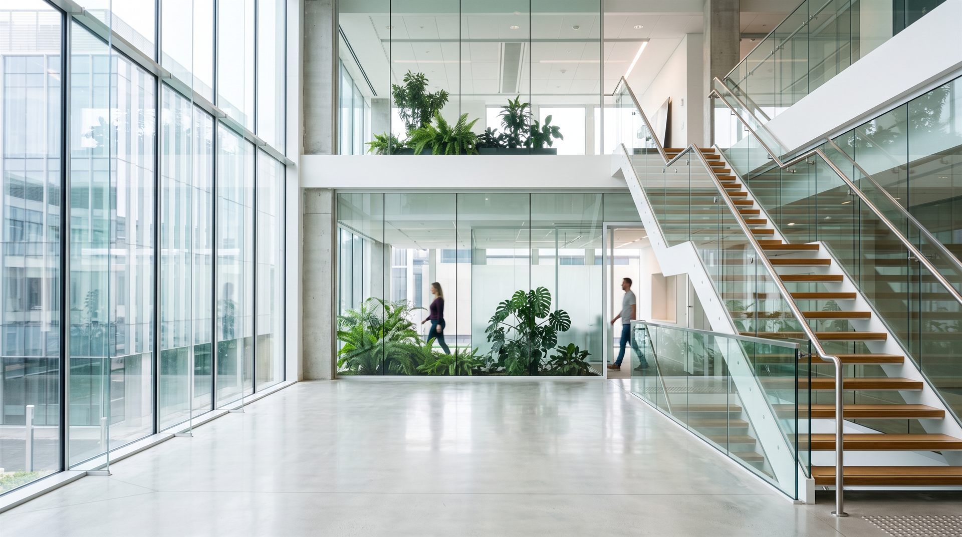 Modern kantooratrium met veel glas: glazen vliesgevel, glazen wanden en een glazen trap, de lastigste materialen om te laserscannen